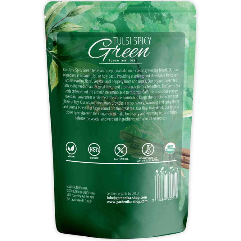 Tea Gardenika Tulsi Spicy Green Tea, Loose Leaf, USDA Organic, 55+ Cups – 4 Oz (113g)    