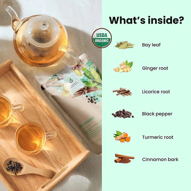 Tea Gardenika De-Congest Loose Leaf Herbal Tea, USDA Organic, Caffeine Free - 4 oz (114g)    