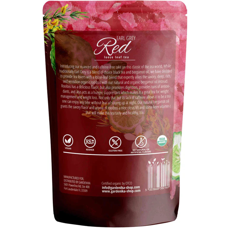 Tea Gardenika Earl Grey Red Tea, Loose Leaf, USDA Organic, Caffeine Free, 55+ Cups – 4 Oz (113g)    