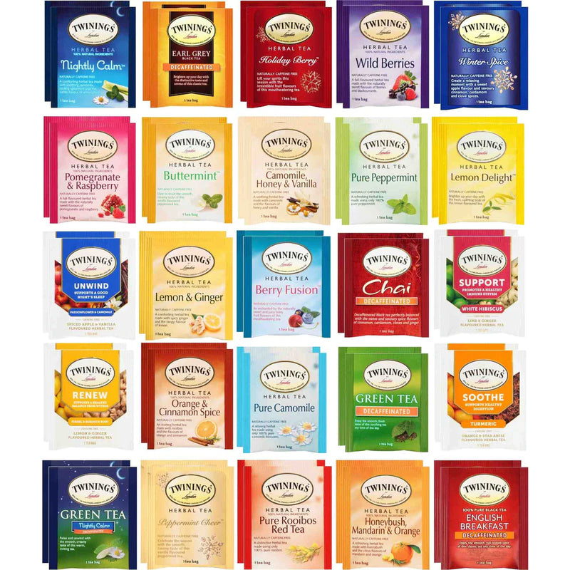 Tea Twinings Herbal and Decaf Tea Bags Gift Sampler - 50 Count, 25 Flavors    