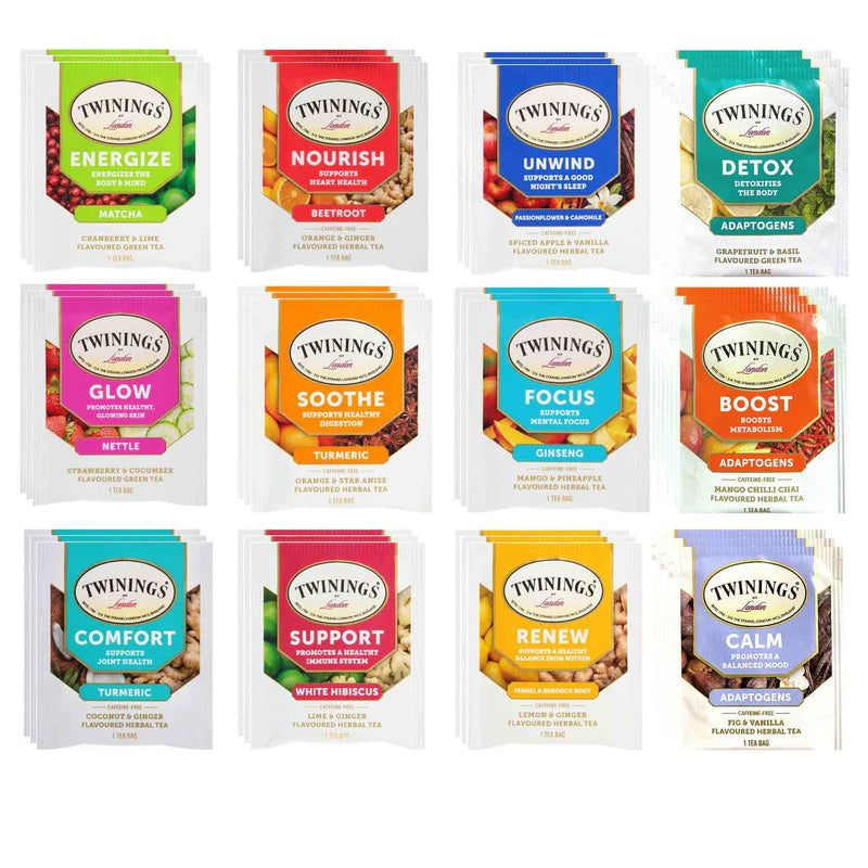 Tea Twinings Wellness and Immunity Tea Bags Sampler - Caffeine Free and Caffeinated Assortment - 36 Count, 12 Flavors    