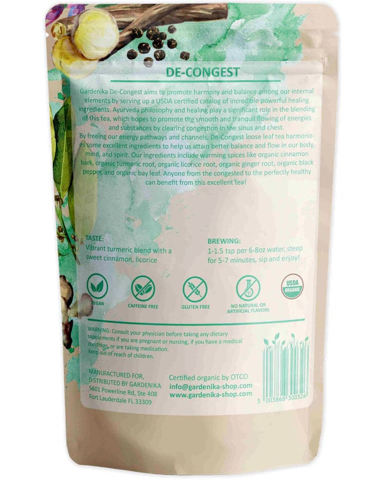  Gardenika De-Congest Loose Leaf Herbal Tea, USDA Organic, Caffeine Free - 4 oz (114g)    