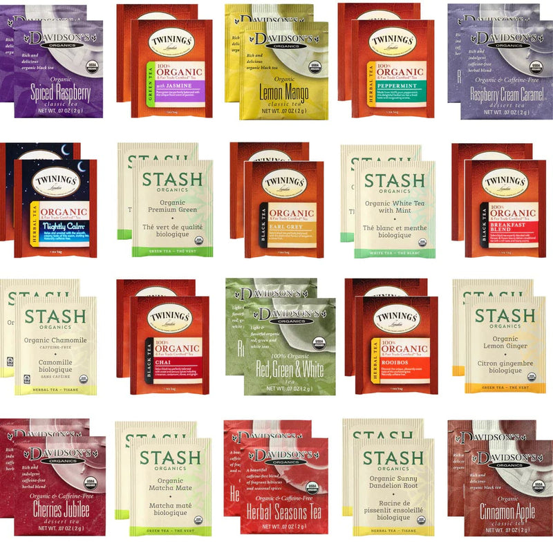 Tea Organic Tea Bags Sampler - Stash, Twinings, Davidsons - 40 Ct, 20 Flavors    