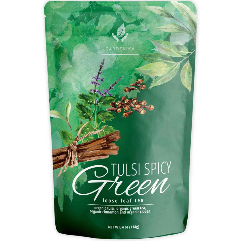 Tea Gardenika Tulsi Spicy Green Tea, Loose Leaf, USDA Organic, 55+ Cups – 4 Oz (113g)    