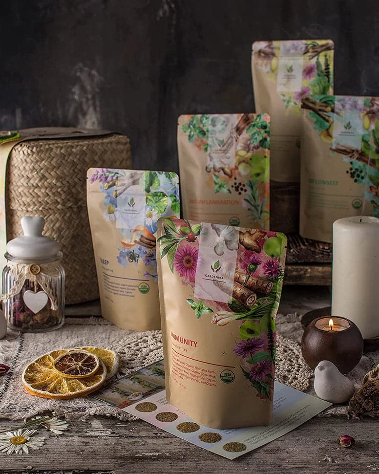  Gardenika Loose Leaf Herbal Tea Gift Set, USDA Organic, Caffeine Free, Ayurvedic, Wellness & Immune Support 120+ Cups – 5 Pack    