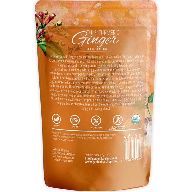 Tea Gardenika Tulsi Turmeric Ginger Tea, Loose Leaf, USDA Organic, Caffeine Free Superfood Blend, 55+ Cups – 4 Oz (113g)    