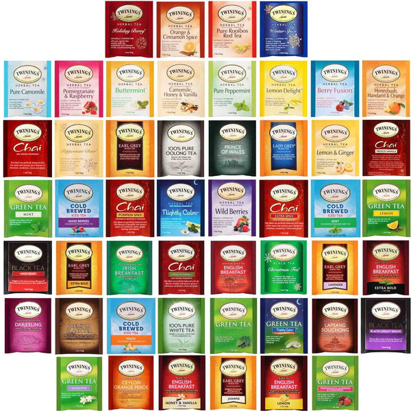 Tea Twinings Tea Bags Gift Sampler - Caffeinated, Herbal & Decaf - 50 Ct, 50 Flavors    